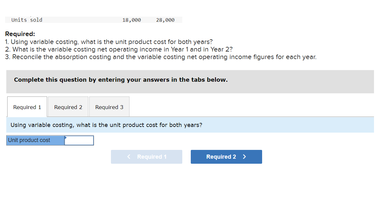 Units sold 18,000 28,000 Required: 1. Using variable costing, what is