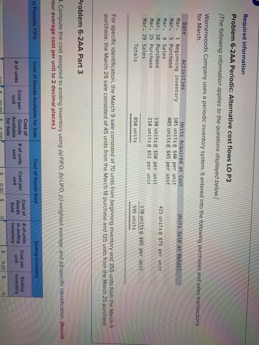  Required information Problem 6-2AA Periodic: Alternative cost flows LO P3 [The