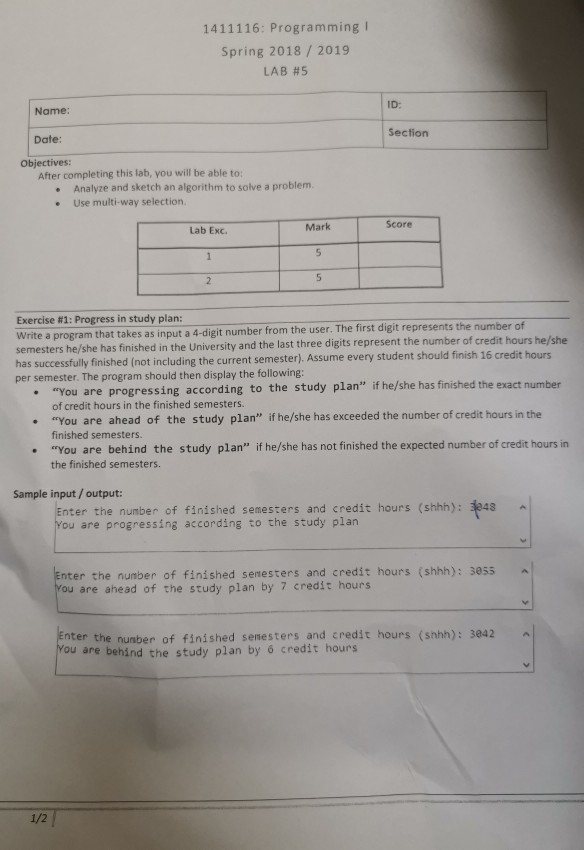 C++ 1411116: Programming I Spring 2018/2019 LAB #5 ID: Name Section