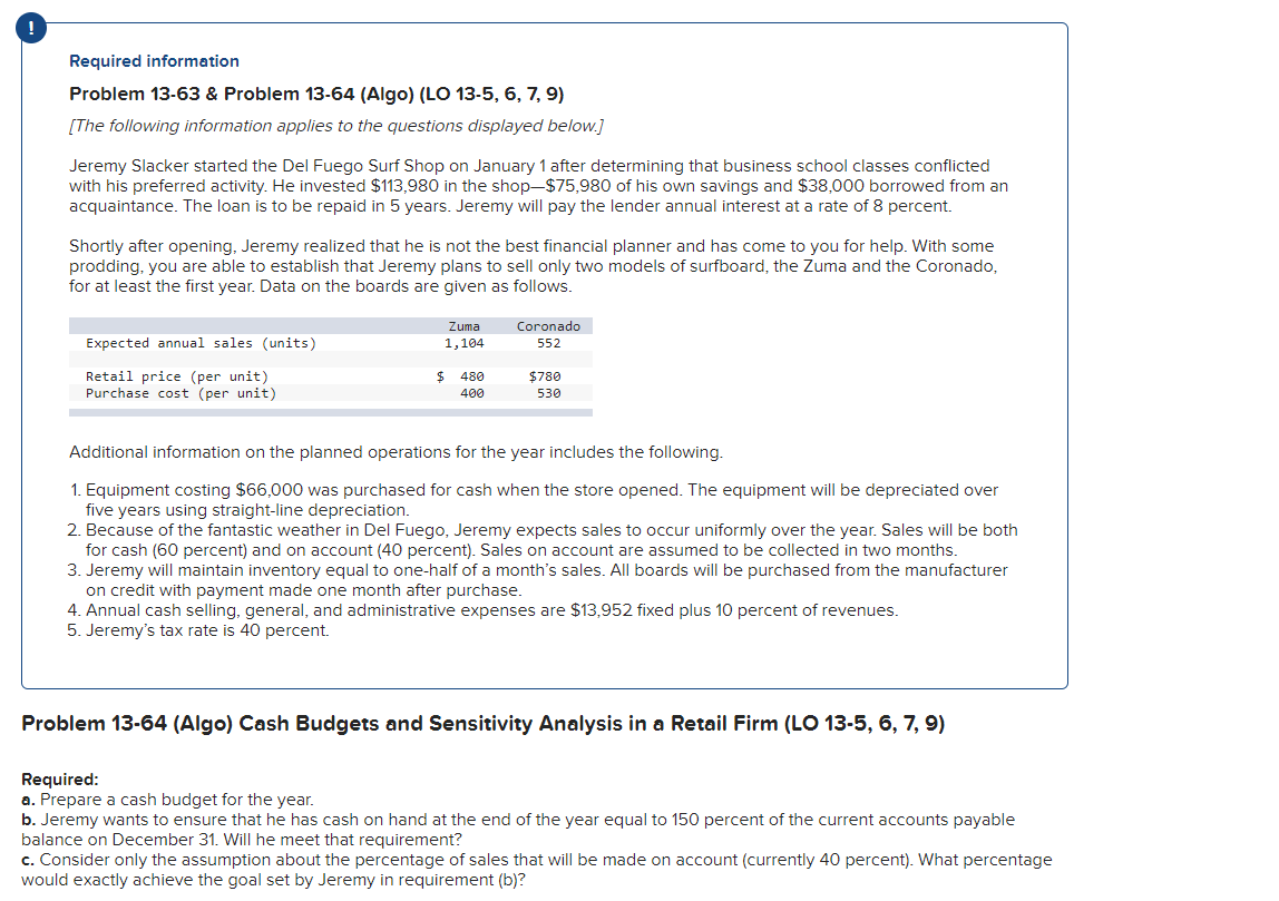  Required information Problem 13-63 \& Problem 13-64 (Algo) ( LO 13-5,