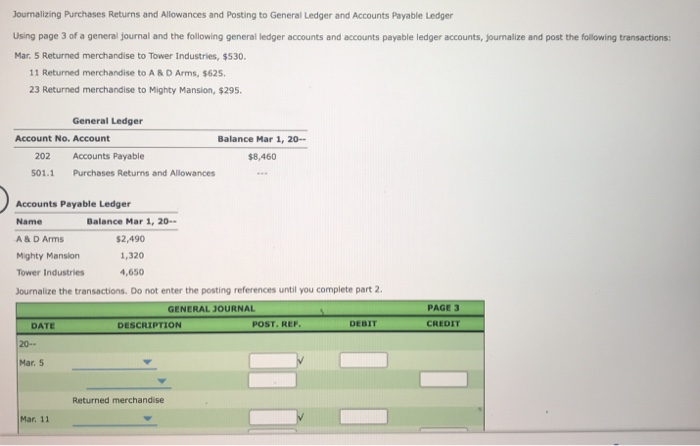  Journalizing purchase returns and allowances and post to general ledger and