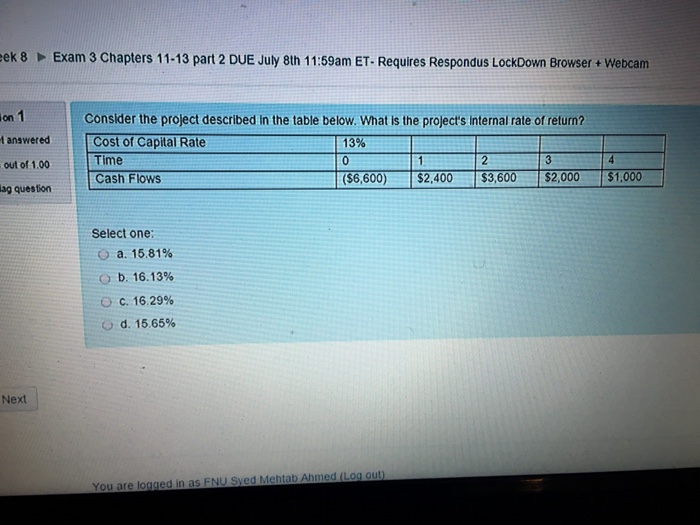 Consider the project described In the table below. What Is the