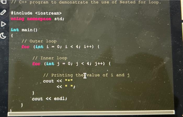  17C++ program to demonstrate the use of Nested for loop. \#include