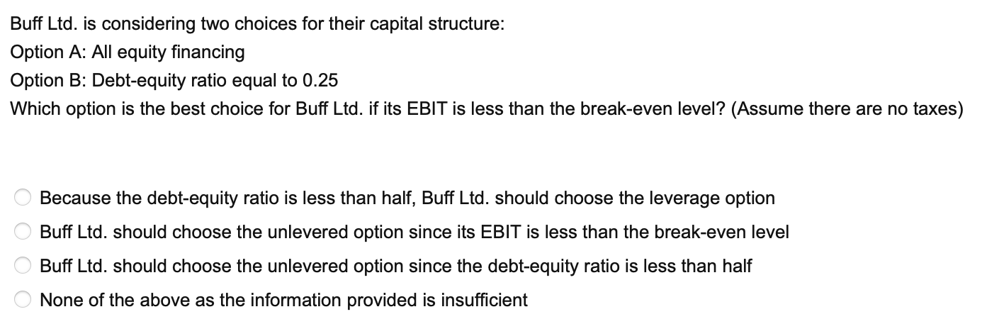 Buff Ltd. is considering two choices for their capital structure: Option