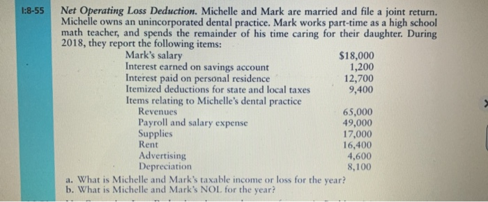 1:8-57 Net Operating Loss Deduction. Assume the same facts as in Problem