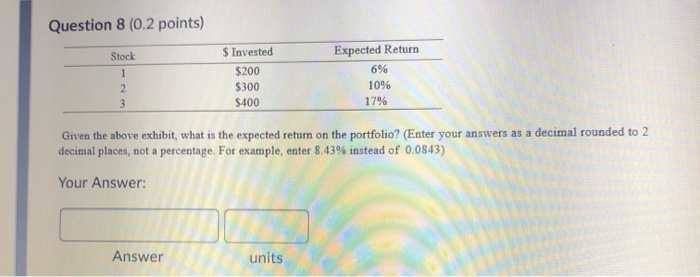  Question 8 (0.2 points) Stock Expected Return $ Invested $200 $300