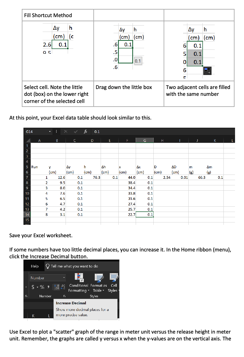Excel worksheet, type in Data, type in formulas, create graph, create trendline,
