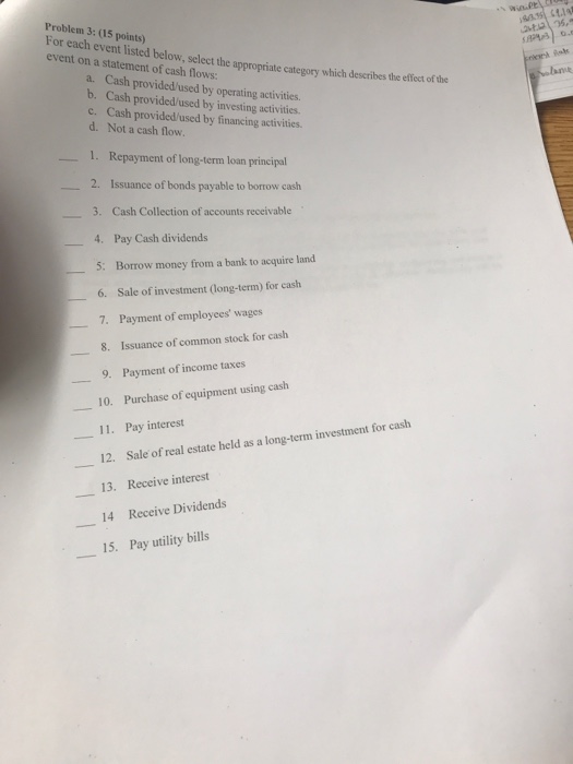  Problem 3: (15 points) For each event listed below, select the