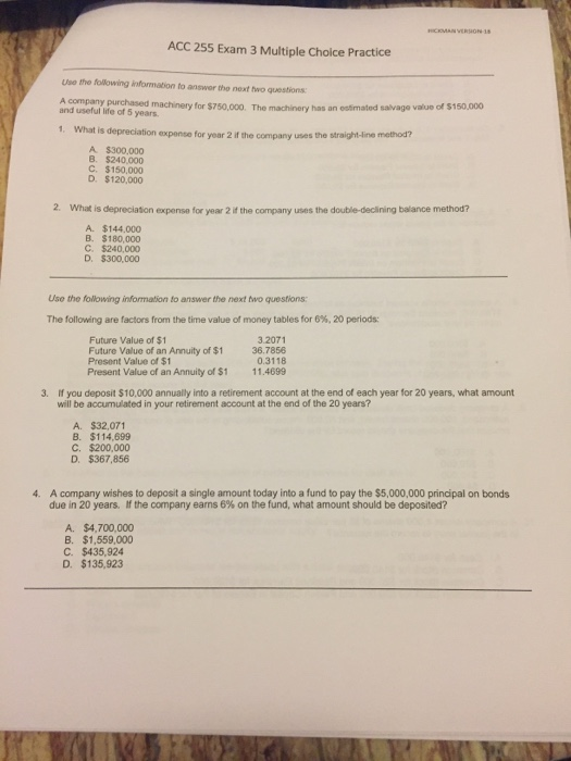  ACC 255 Exam 3 Practice Multiple Choice ACC 255 Exam 3