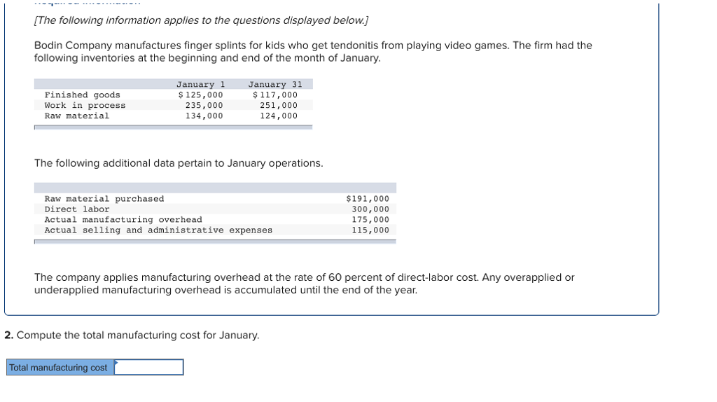 applies to the questions displayed below.] Bodin Company manufactures finger splints for