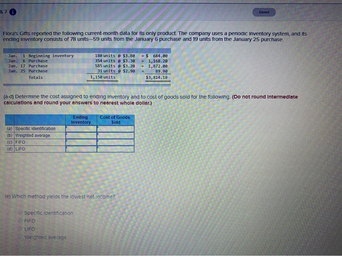  Saved Flora's Gifts reported the following current-month data for its only