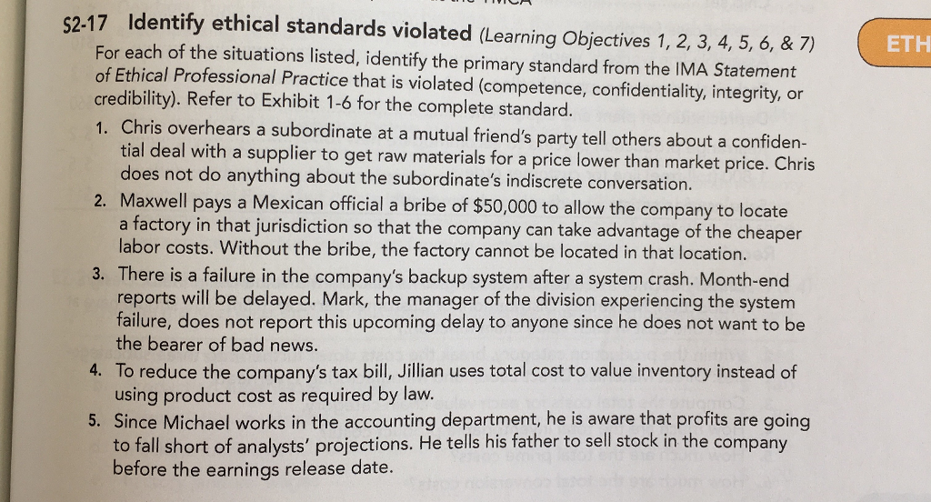  ETH 52-17 ldentify ethical standards violated (Learning Objectives 1, 2, 3,