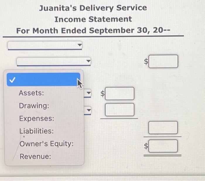 Service Income Statement For Month Ended September 30, 20-- Juanita's Delivery Service