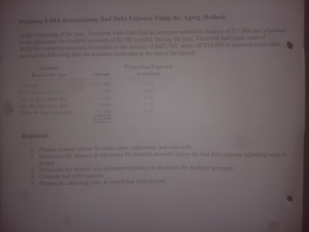  Problem 5-85A Determining Bad Debt Expense Using the Aging Method As