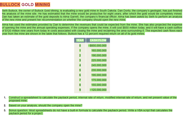  1. Construct a spreadsheet to calculate the payback period, internal rate
