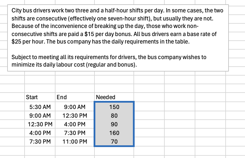  City bus drivers work two three and a half-hour shifts per