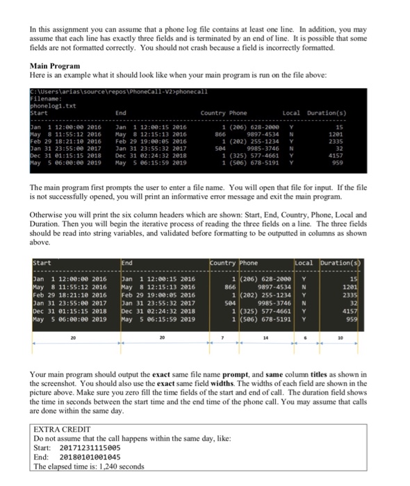 in a list of phone call records from a file, and output