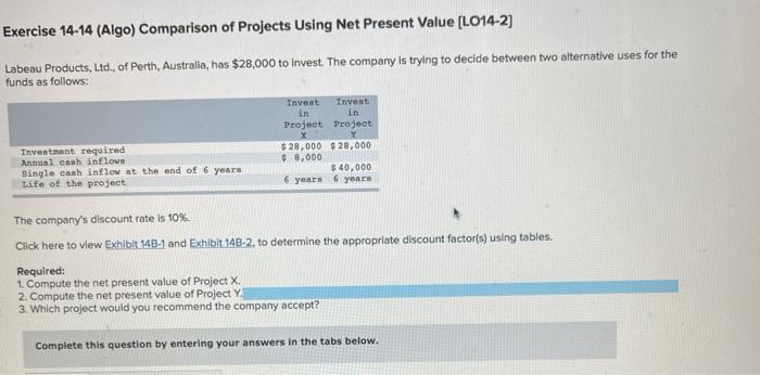  Exercise 14-14 (Algo) Comparison of Projects Using Net Present Value [LO14-2]