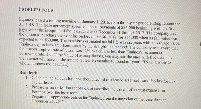  PROBLEM FOUR Equinox leased a tooling machine on January 1, 2016,