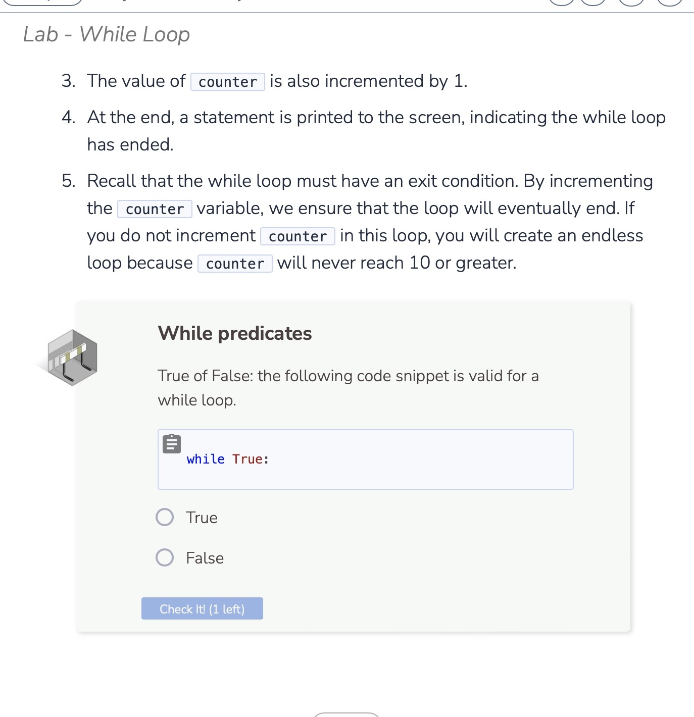  While predicates True of False: the following code snippet is valid