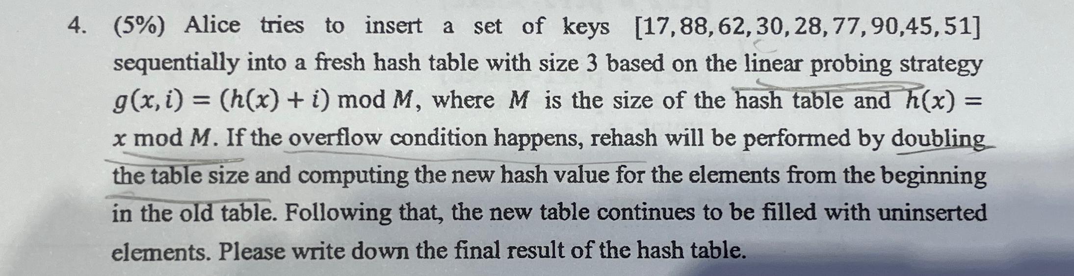  (5%) Alice tries to insert a set of keys 17,88,62,30,28,77,90,45,51 sequentially