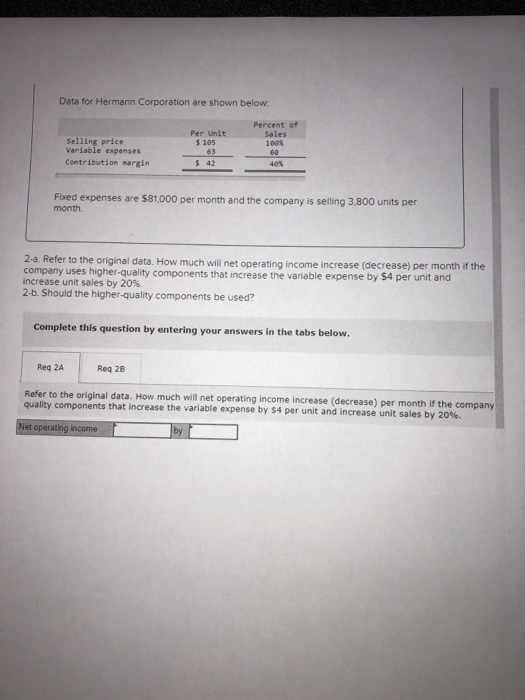  Data for Hermann Corporation are shown below Per Unit s 105
