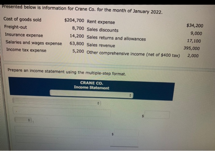  Presented below is information for Crane Co. for the month of