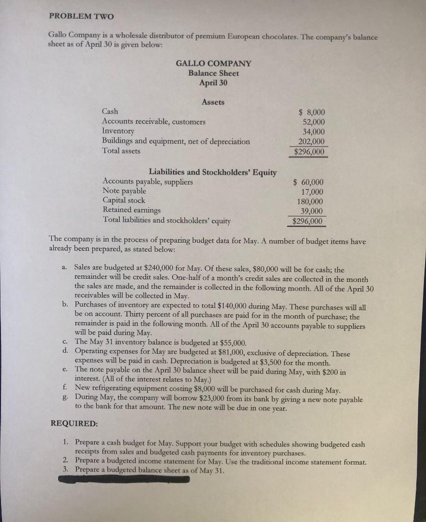  Required problems: 1 - 3 PROBLEM TWO Gallo Company is a