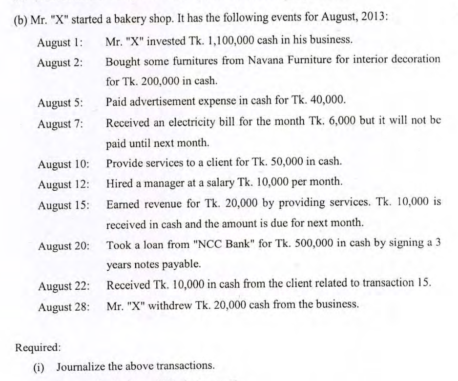 Please explain the august 12 transaction (b) Mr. "X" started a bakery