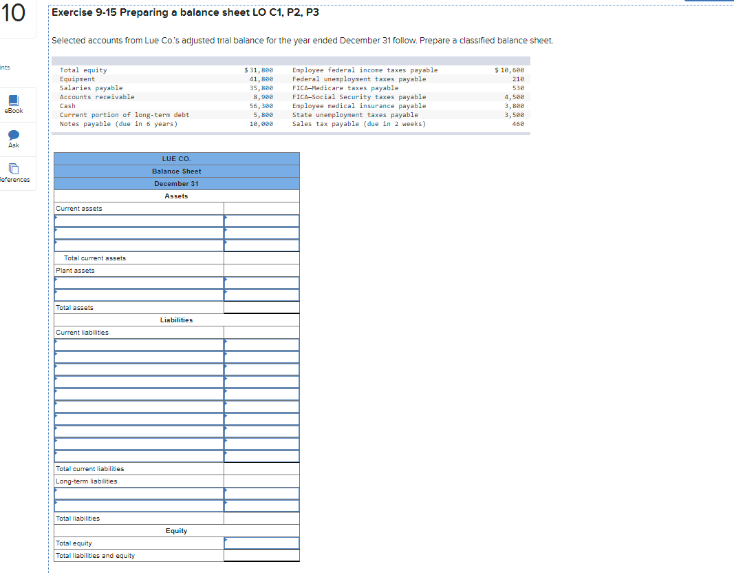 10 Exercise 9-15 Preparing a balance sheet LO C1, P2, P3