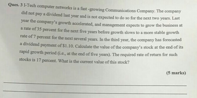 Ques. 3 I-Tech computer networks is a fast-growing Communications Company. The