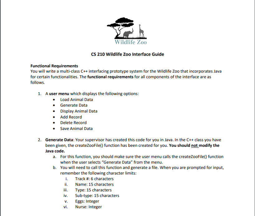  TheZoo.cpp ============================================= #include #include using namespace std; void GenerateData() //DO NOT