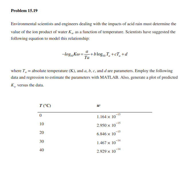 Please solve using matlab and share the code Problem 15.19 Environmental scientists
