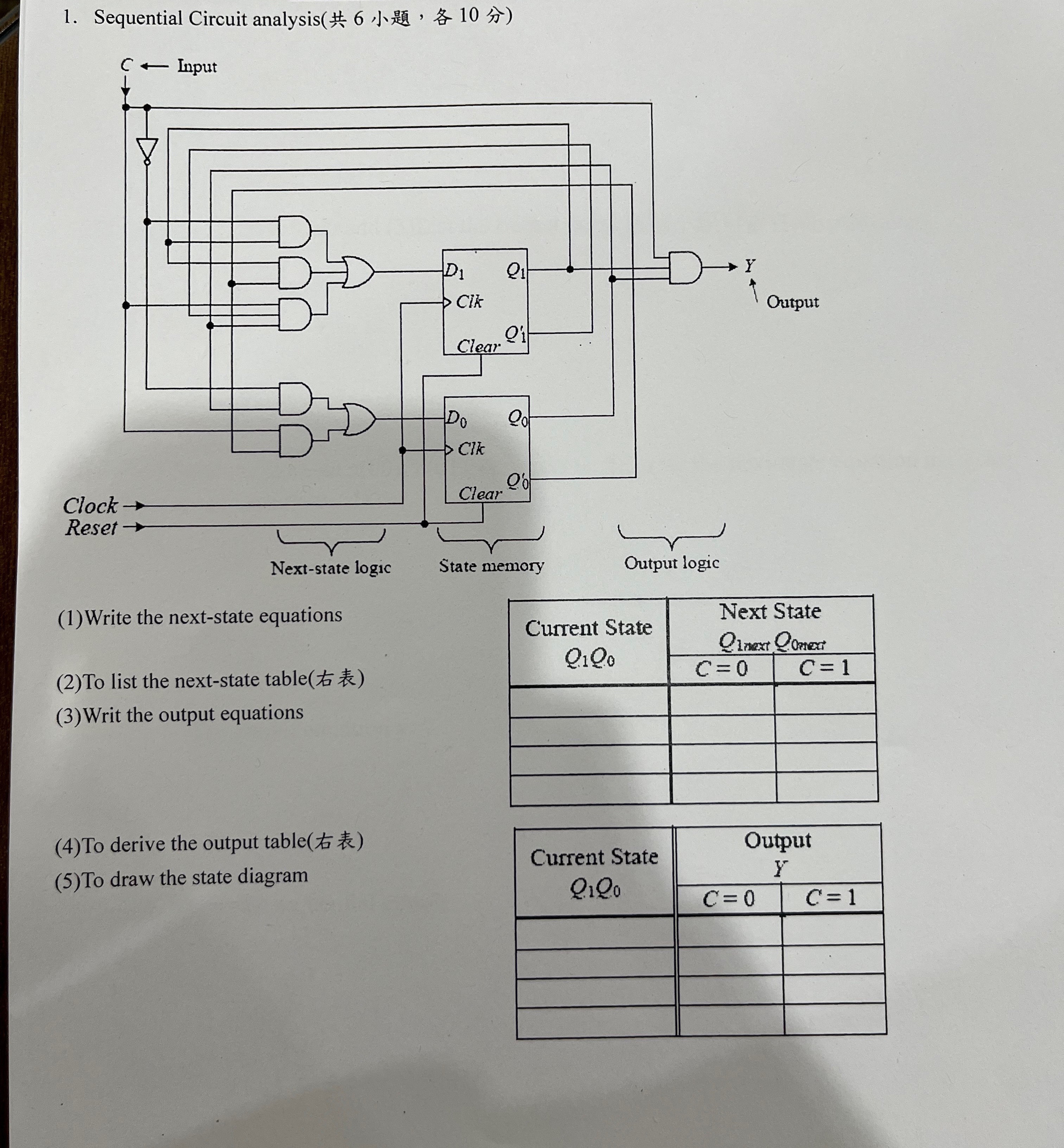  Sequential Circuit analysis(6,10) (1) Write the next-state equations (2)To list the