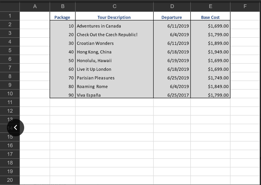 you. c. Click the Loopup Table worksheet, Assign the range name tours