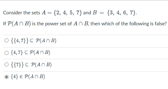  Consider the sets A={2,4,5,7} and B={3,4,6,7}. If P(AB) is the power