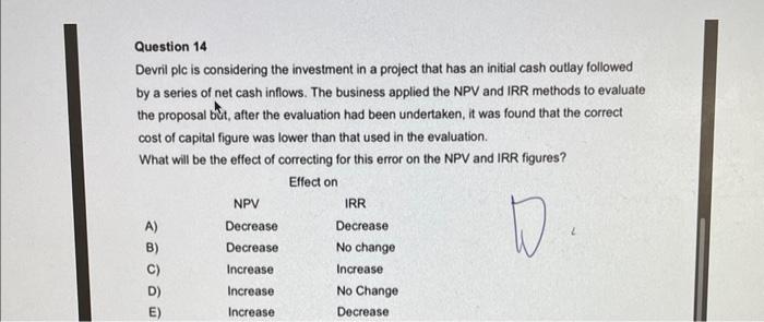  Question 14 Devril plc is considering the investment in a project