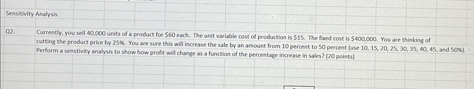  Sensitivity Analysis Q2. Currently, you sell 40,000 units of a product