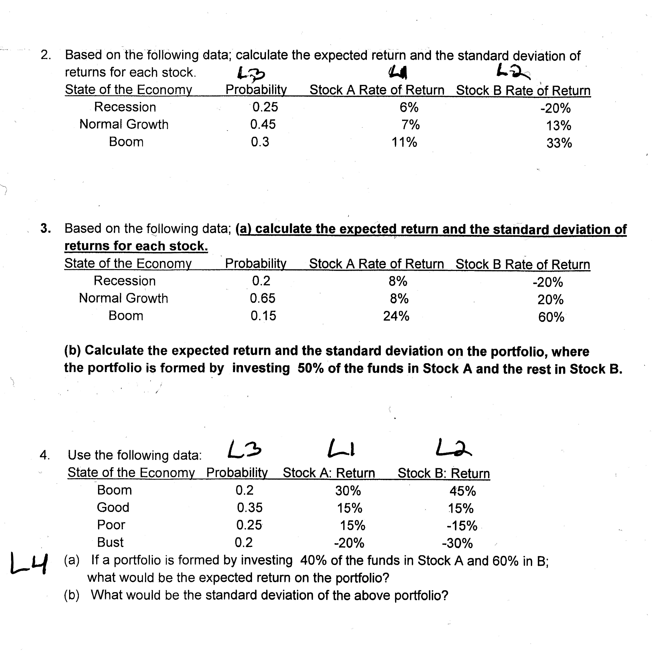 Stocks - calculate Expected Return and Standard Deviation, etc. Please show how
