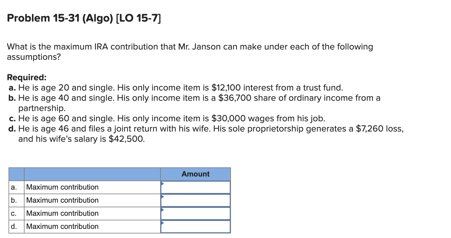  Problem 15-31 (Algo) (LO 15-7) What is the maximum IRA contribution