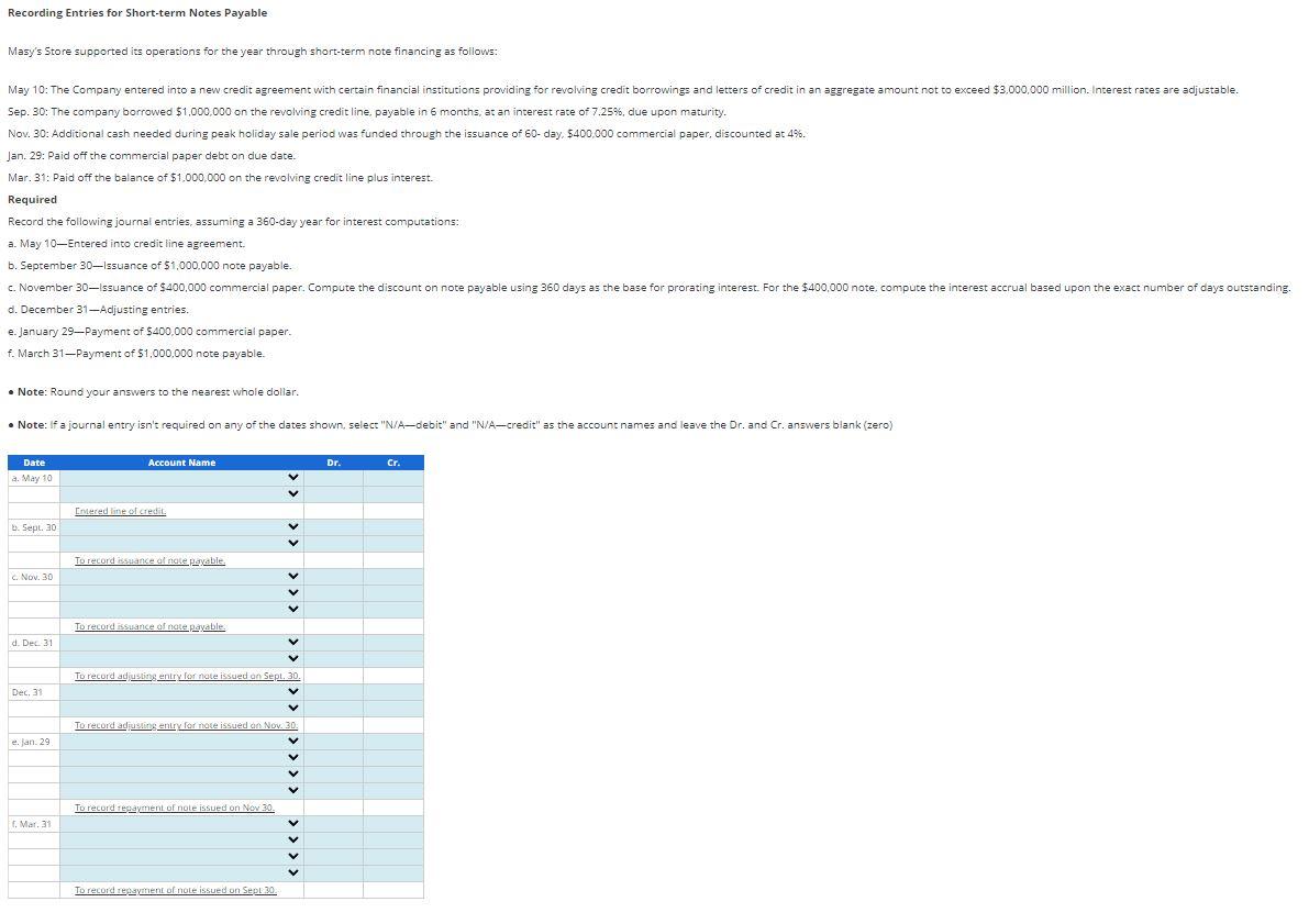 Recording Entries for Short-term Notes Payable Masy's Store supported its operations