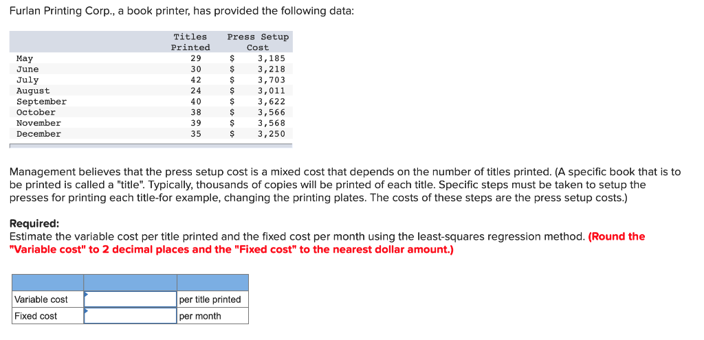Furlan Printing Corp., a book printer, has provided the following data: Furlan