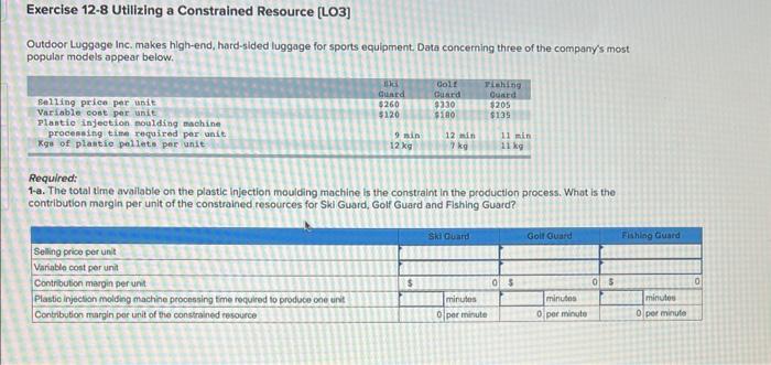  Exercise 128 Utilizing a Constrained Resource [LO3] Outdoor Luggage Inc. makes