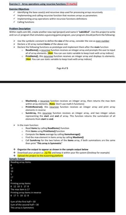 C Language - Pogramming Exercise 3 - Array operations using recursive functions