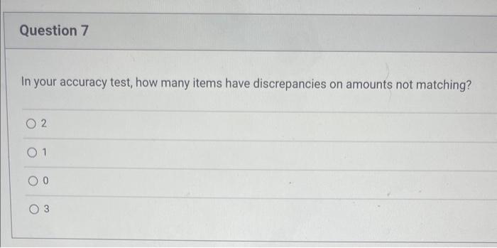  In your accuracy test, how many items have discrepancies on amounts