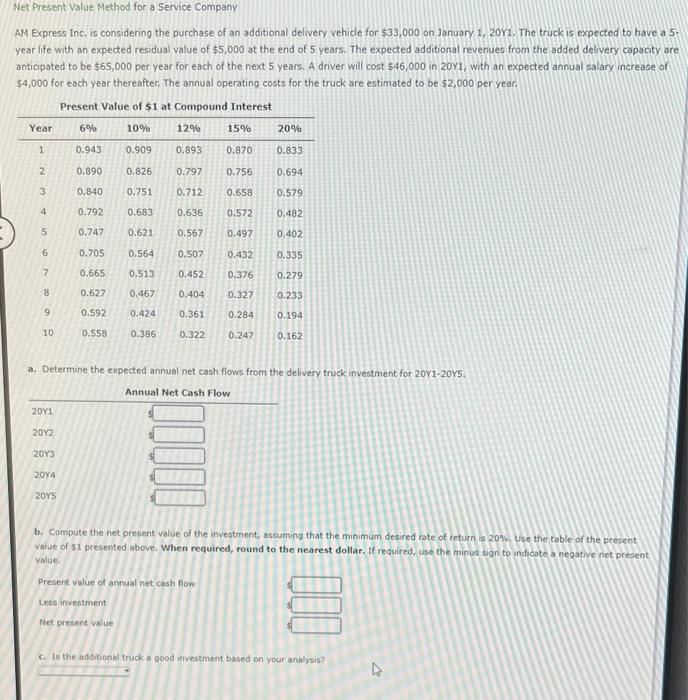  Net Present Value Method for a Service Company AM Express Inc,