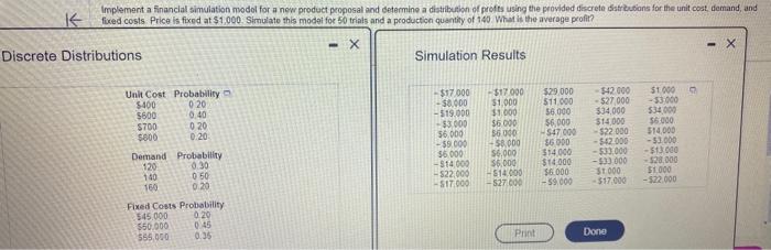 Implement a financial simulation model for a new product proposal and determine