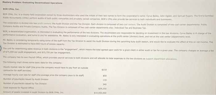  Mastery Problem: Evaluating Decentralized Operations BOR CPAS, Inc. BORCA, Te is