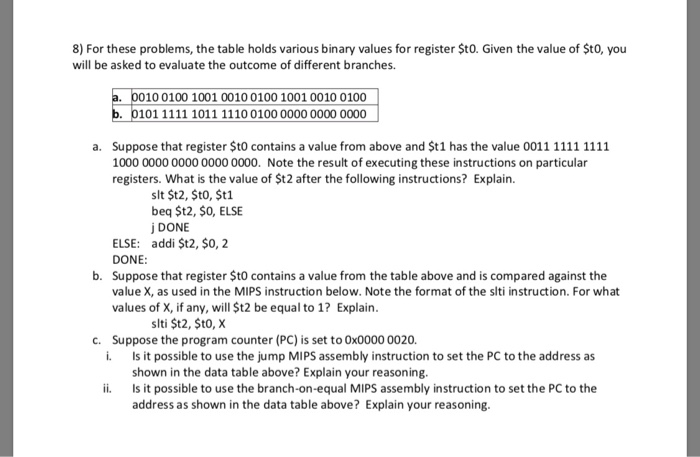  8) For these problems, the table holds various binary values for