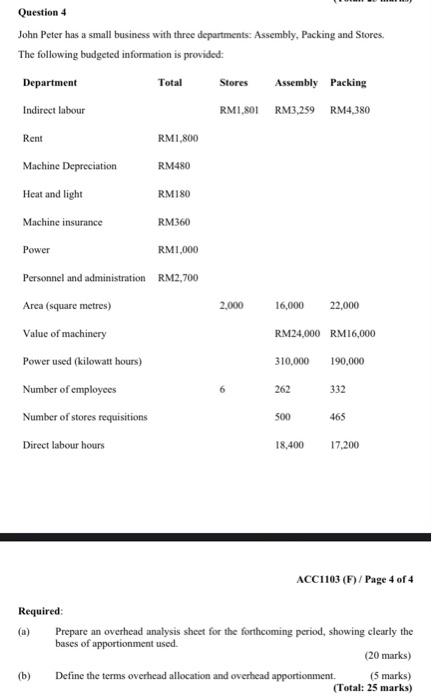  Question 4 John Peter has a small business with three departments: